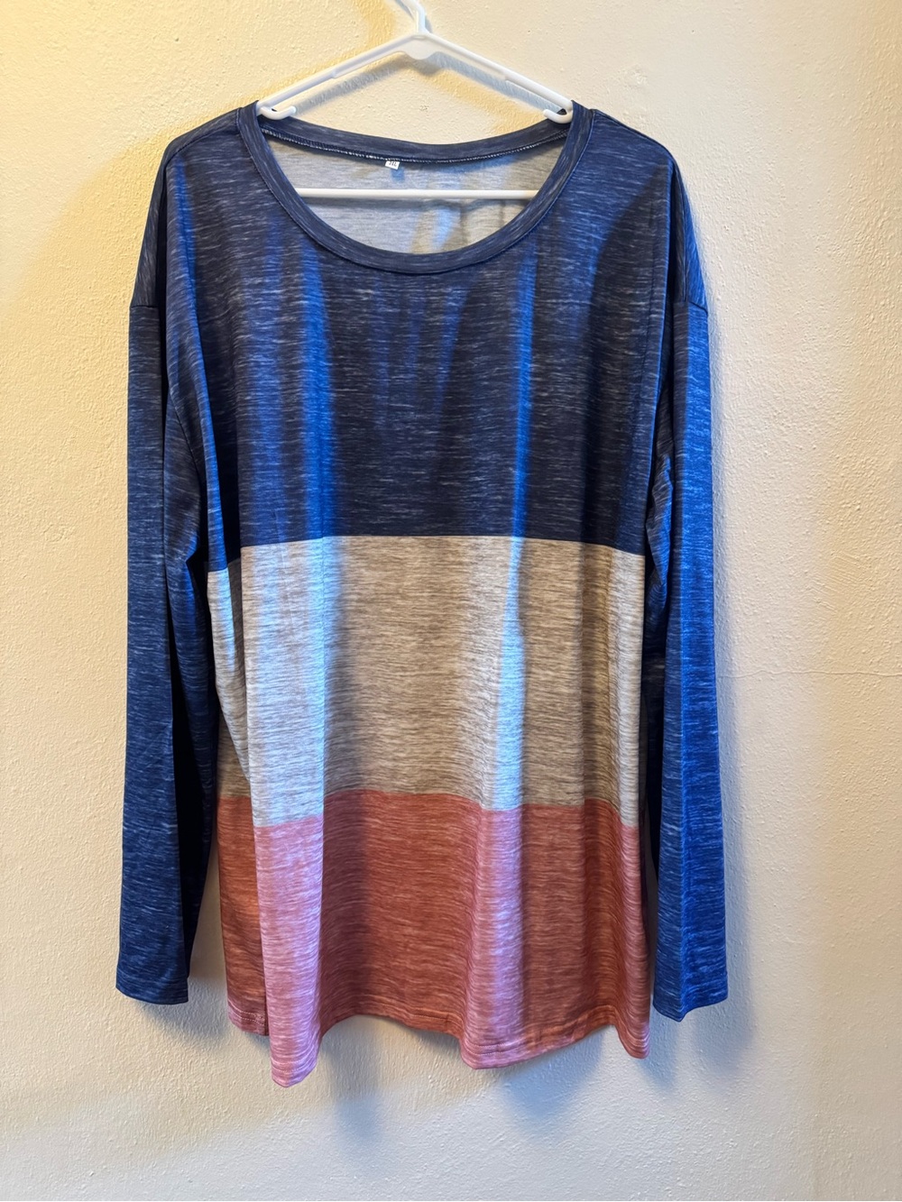 Women's Colorblock Long Sleeve Tunic Top - Navy, Cream & Pink/Rust Tricolor 3XL